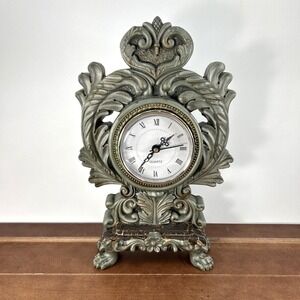 Vintage Ornate Resin Mantel Clock 10" Tall Quartz Roman‎ Numerals Decorative